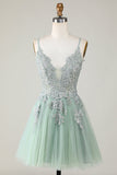 Stylish A Line Spaghetti Straps Green Short Homecoming Dress with Appliques Prom Cocktail Dresses