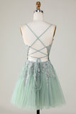 Stylish A Line Spaghetti Straps Green Short Homecoming Dress with Appliques Prom Cocktail Dresses