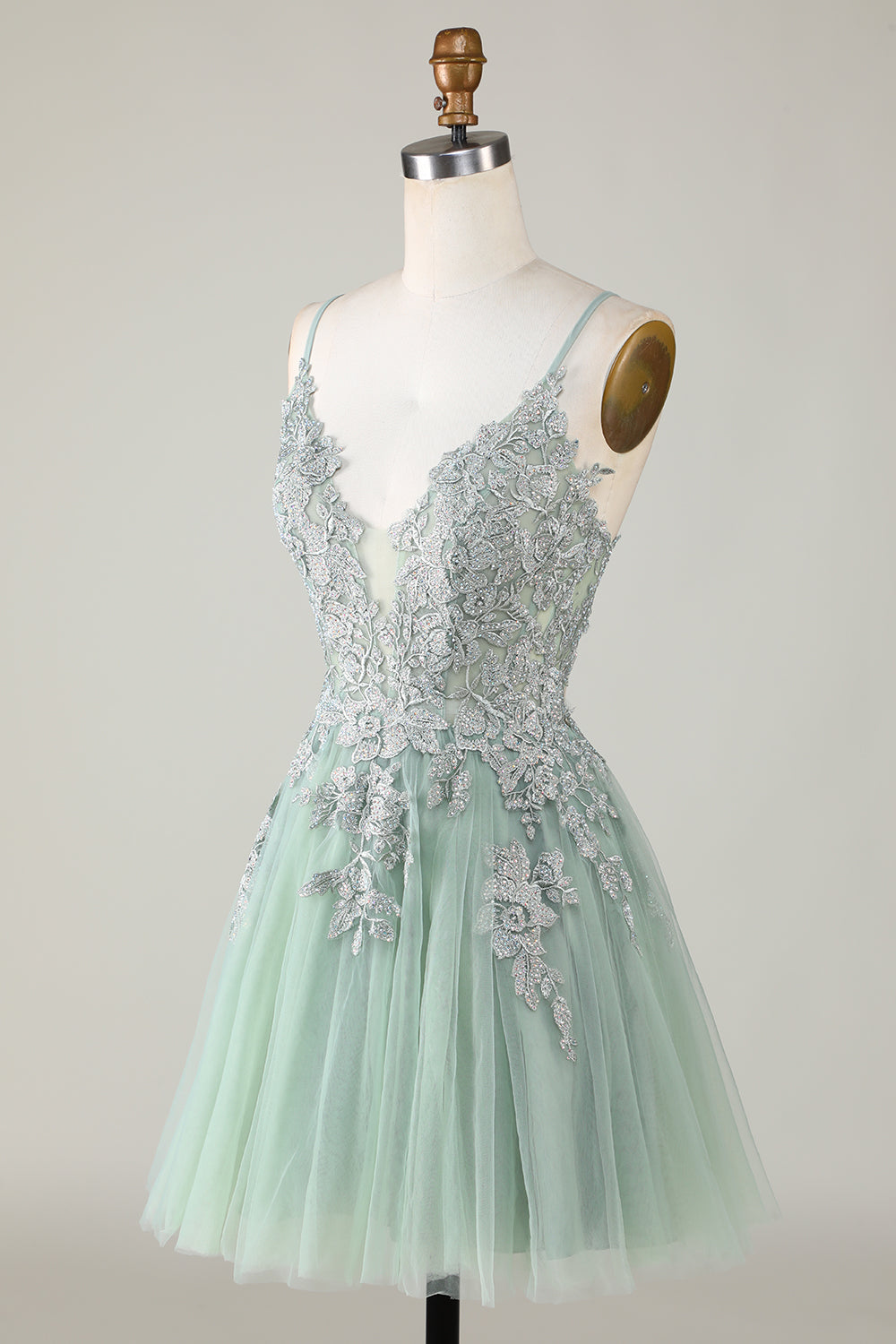Stylish A Line Spaghetti Straps Green Short Homecoming Dress with Appliques Prom Cocktail Dresses