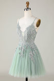 Stylish A Line Spaghetti Straps Green Short Homecoming Dress with Appliques Prom Cocktail Dresses
