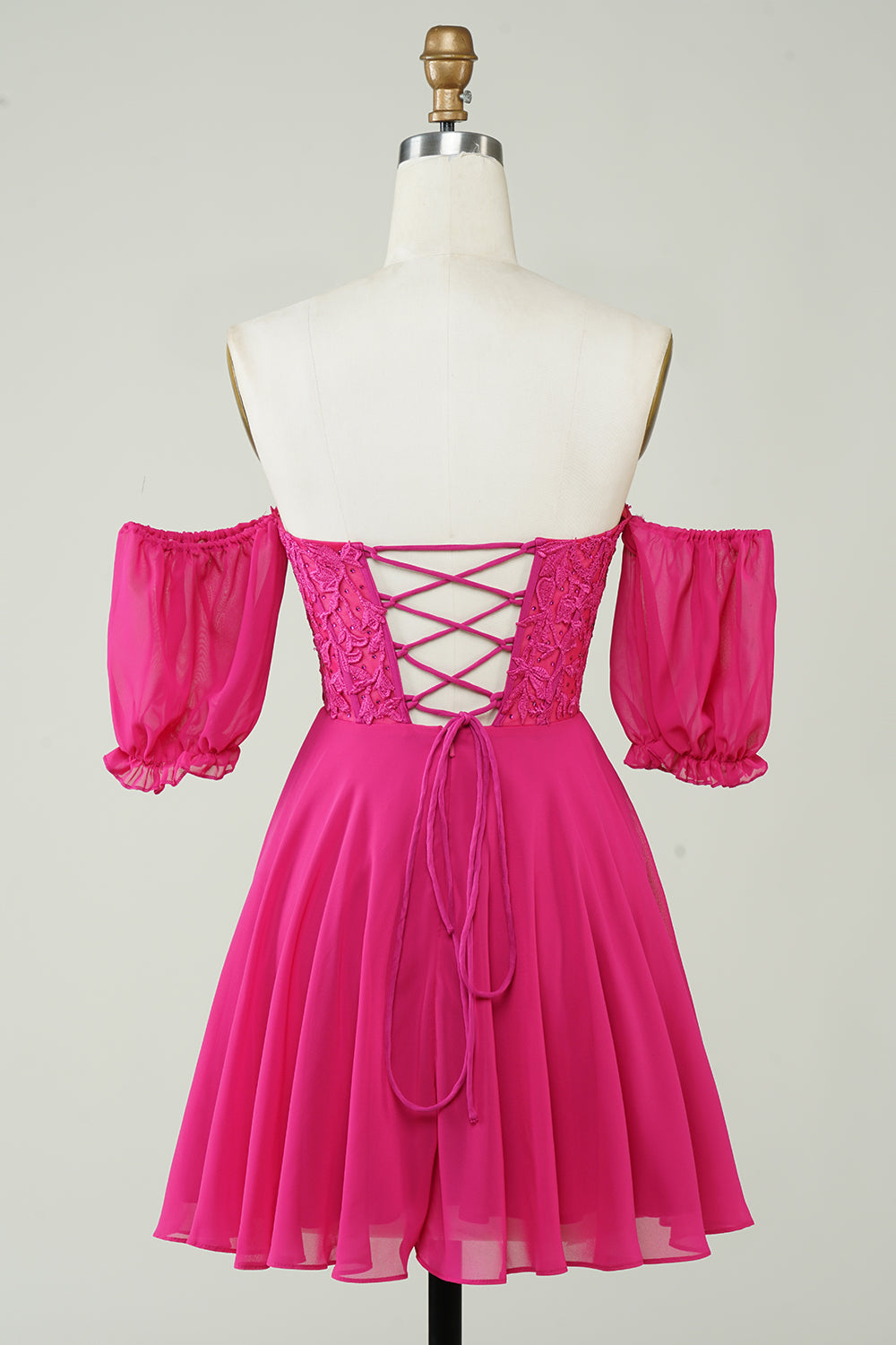 Hot Pink Corset A-Line Chiffon Short Homecoming Dress with Lace Prom Cocktail Dresses