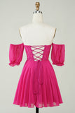 Hot Pink Corset A-Line Chiffon Short Homecoming Dress with Lace Prom Cocktail Dresses