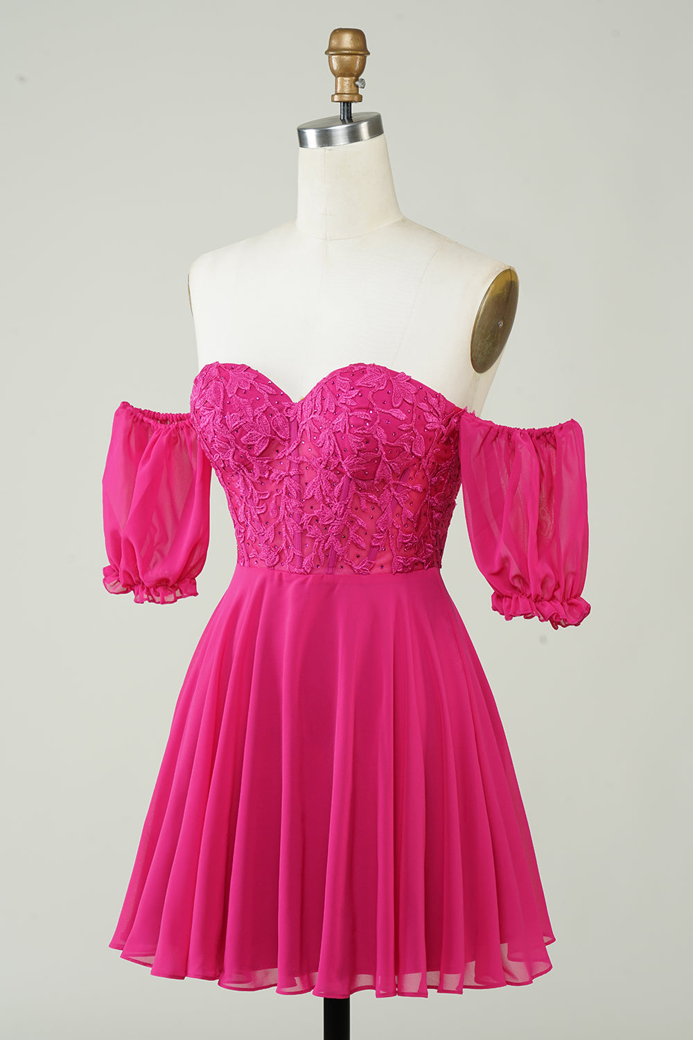 Hot Pink Corset A-Line Chiffon Short Homecoming Dress with Lace Prom Cocktail Dresses