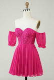 Hot Pink Corset A-Line Chiffon Short Homecoming Dress with Lace Prom Cocktail Dresses