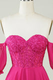 Hot Pink Corset A-Line Chiffon Short Homecoming Dress with Lace Prom Cocktail Dresses