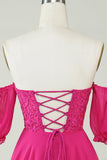 Hot Pink Corset A-Line Chiffon Short Homecoming Dress with Lace Prom Cocktail Dresses