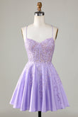 Purple Corset A-Line Satin Short Homecoming Dress with Lace Prom Cocktail Dresses
