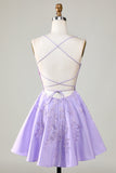 Purple Corset A-Line Satin Short Homecoming Dress with Lace Prom Cocktail Dresses