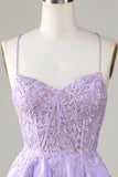 Purple Corset A-Line Satin Short Homecoming Dress with Lace Prom Cocktail Dresses