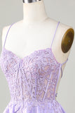 Purple Corset A-Line Satin Short Homecoming Dress with Lace Prom Cocktail Dresses