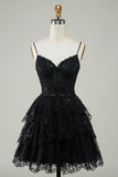 Sparkly Spaghetti Straps Sequins Purple Tiered Homecoming Dress Prom Cocktail Gowns