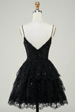 Sparkly Spaghetti Straps Sequins Purple Tiered Homecoming Dress Prom Cocktail Gowns