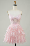 Sparkly Spaghetti Straps Sequins Purple Tiered Homecoming Dress Prom Cocktail Gowns