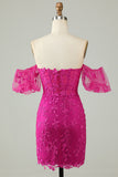 Hot Pink Tight Glitter Homecoming Dress with Appliques Prom Cocktail Dresses