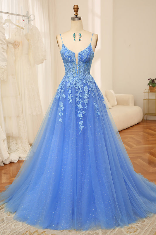 Blaues A-Linie Spaghettiträger Tüll Langes Ballkleid mit Perlenapplikationen Formelle Abendkleider
