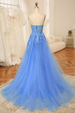 Blaues A-Linie Spaghettiträger Tüll Langes Ballkleid mit Perlenapplikationen Formelle Abendkleider