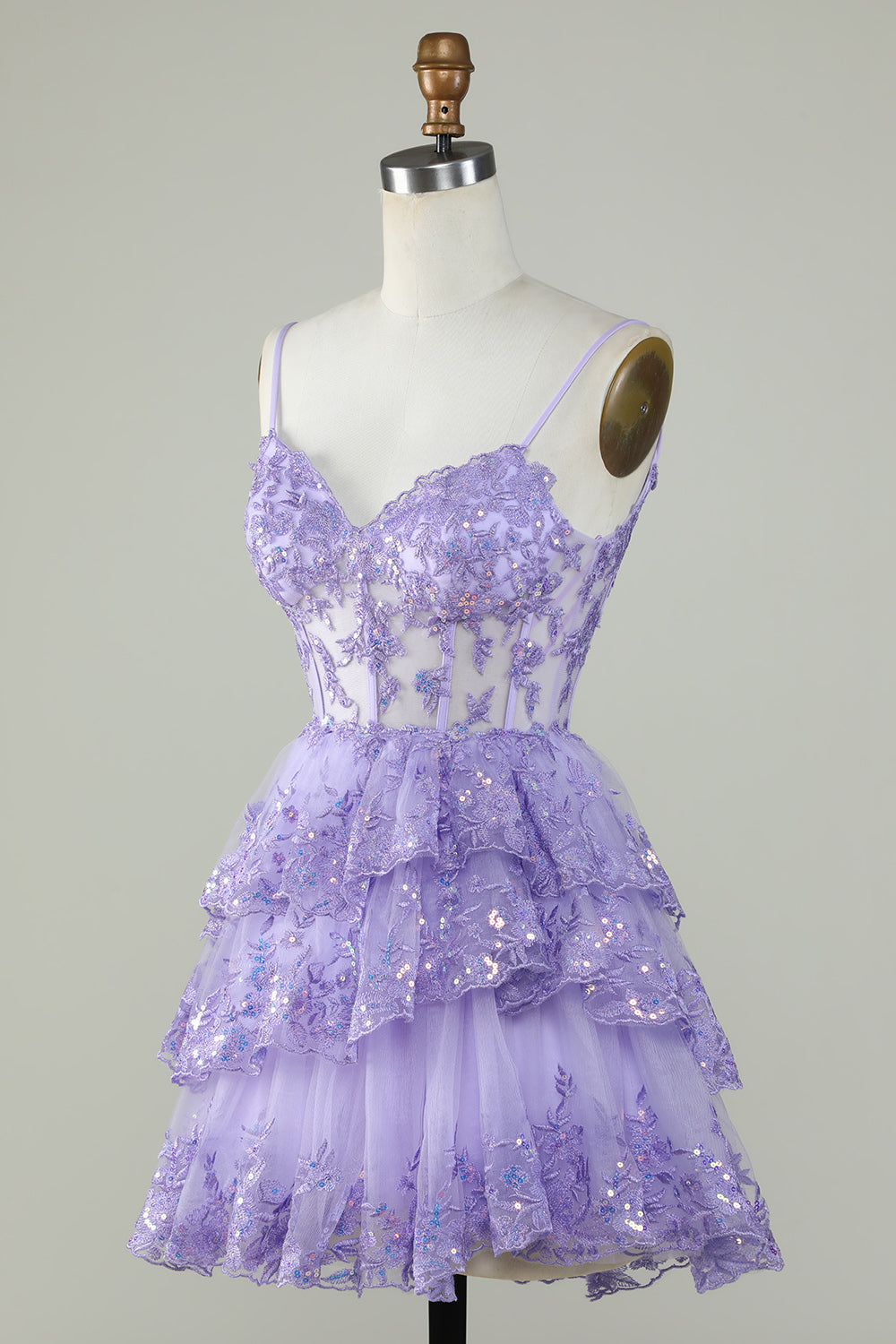 Sparkly Spaghetti Straps Sequins Purple Tiered Homecoming Dress Prom Cocktail Gowns