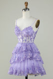 Sparkly Spaghetti Straps Sequins Purple Tiered Homecoming Dress Prom Cocktail Gowns