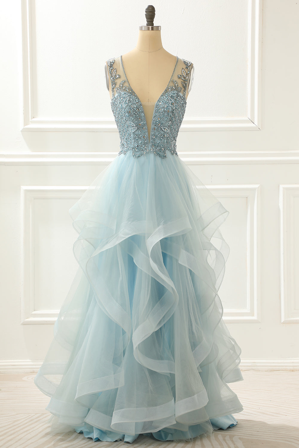 A Line Light Blue Beading Prom Dress with Appliques Formal Evening Party Ball Gowns