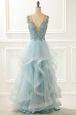 A Line Light Blue Beading Prom Dress with Appliques Formal Evening Party Ball Gowns
