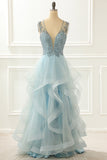 A Line Light Blue Beading Prom Dress with Appliques Formal Evening Party Ball Gowns