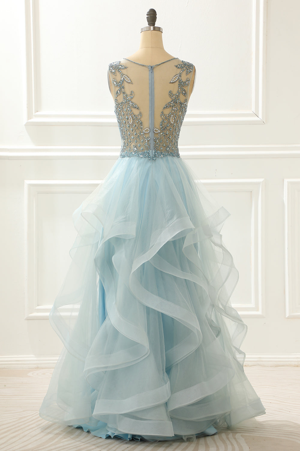 A Line Light Blue Beading Prom Dress with Appliques Formal Evening Party Ball Gowns