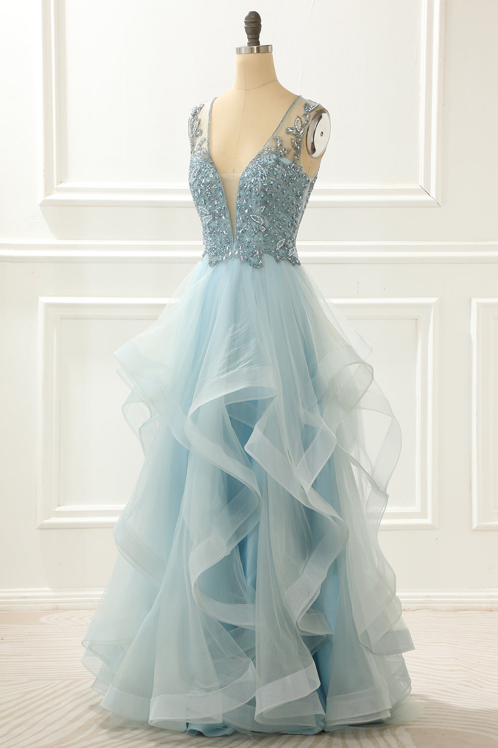A Line Light Blue Beading Prom Dress with Appliques Formal Evening Party Ball Gowns