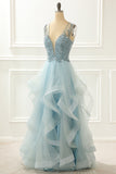 A Line Light Blue Beading Prom Dress with Appliques Formal Evening Party Ball Gowns