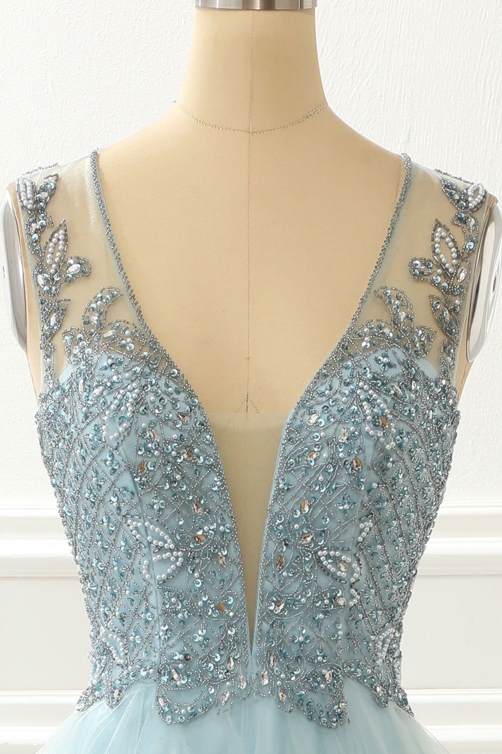 A Line Light Blue Beading Prom Dress with Appliques Formal Evening Party Ball Gowns