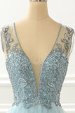 A Line Light Blue Beading Prom Dress with Appliques Formal Evening Party Ball Gowns