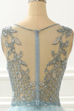 A Line Light Blue Beading Prom Dress with Appliques Formal Evening Party Ball Gowns