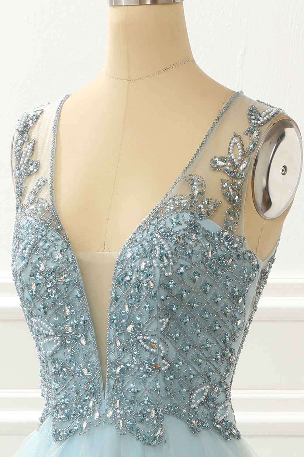 A Line Light Blue Beading Prom Dress with Appliques Formal Evening Party Ball Gowns