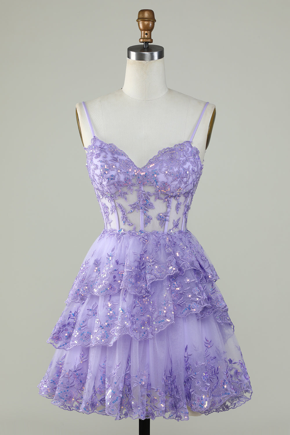 Sparkly Spaghetti Straps Sequins Purple Tiered Homecoming Dress Prom Cocktail Gowns