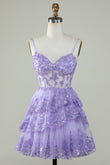 Sparkly Spaghetti Straps Sequins Purple Tiered Homecoming Dress Prom Cocktail Gowns