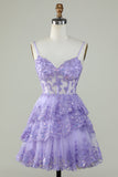 Sparkly Spaghetti Straps Sequins Purple Tiered Homecoming Dress Prom Cocktail Gowns
