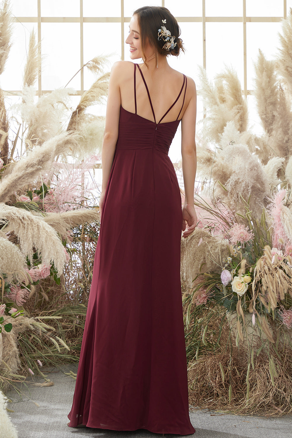 Burgundy Chiffon Bridesmaid Dress Floor Length Formal Evening Dresses