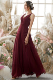 Burgundy V Neck Chiffon Bridesmaid Dress Formal Evening Prom Dresses