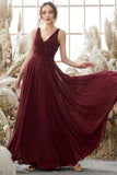 Burgundy V Neck Chiffon Bridesmaid Dress Formal Evening Prom Dresses