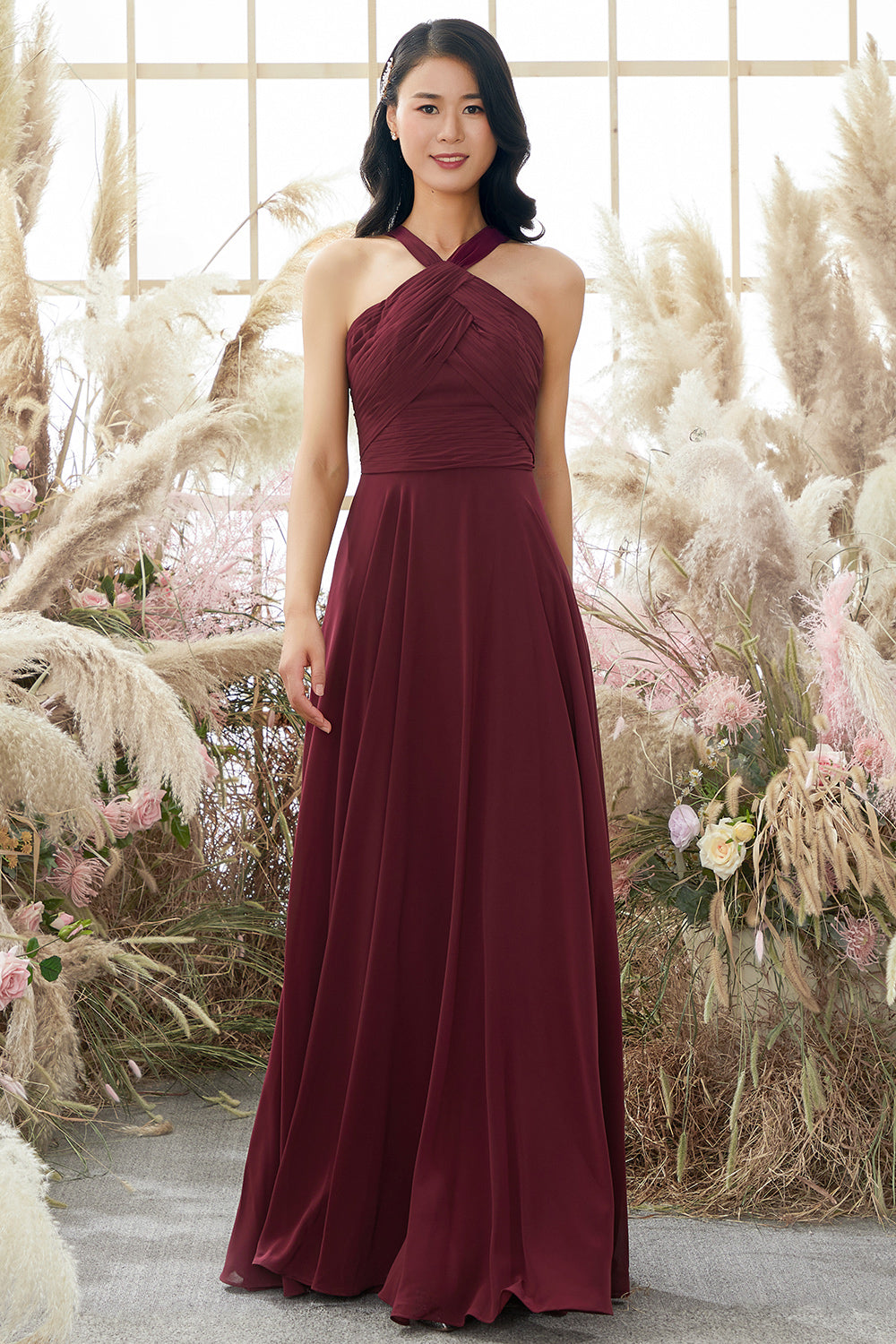 Burgundy Halter Chiffon Bridesmaid Dress Long Formal Evening Dresses