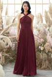 Burgundy Halter Chiffon Bridesmaid Dress Long Formal Evening Dresses