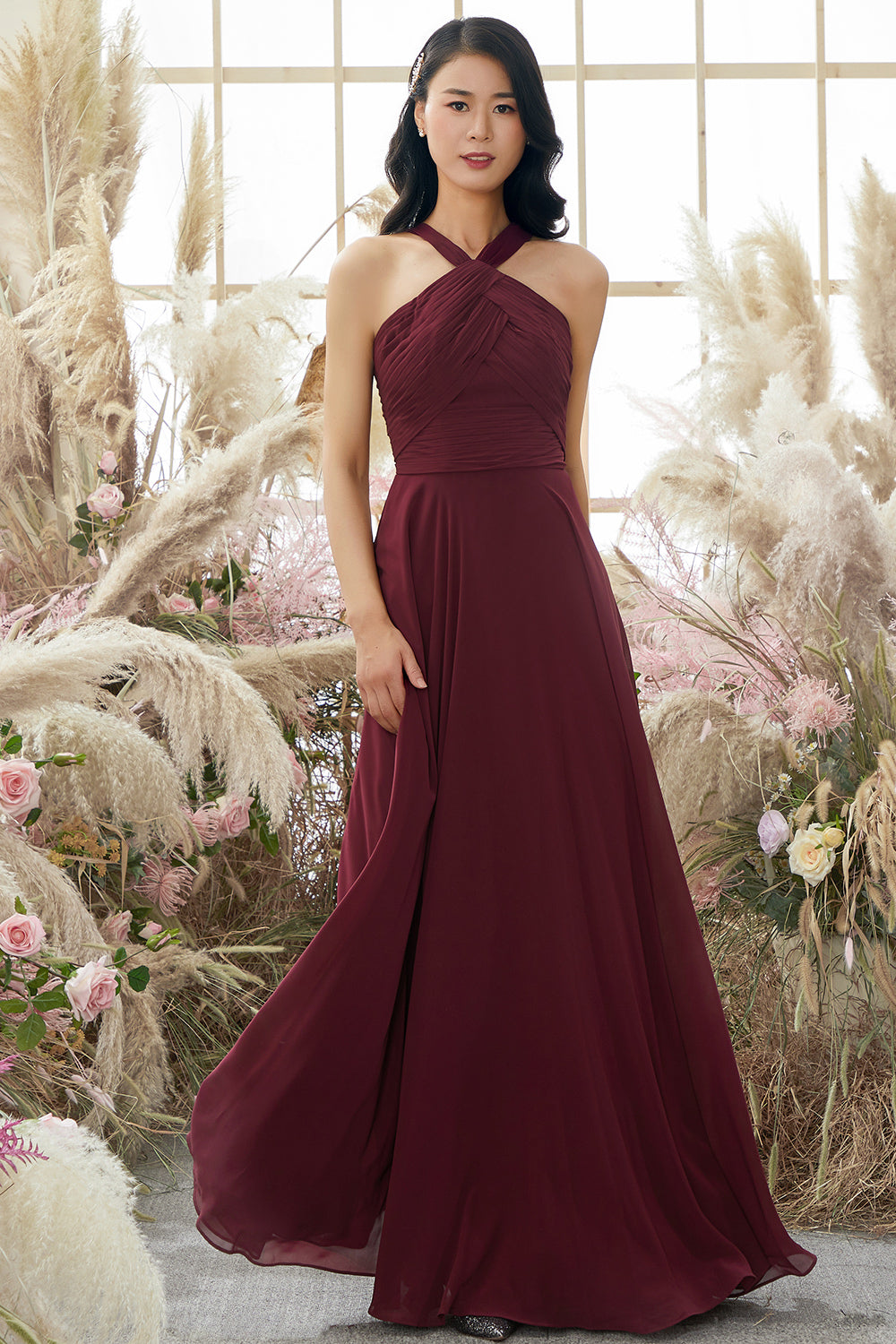 Burgundy Halter Chiffon Bridesmaid Dress Long Formal Evening Dresses
