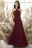 Burgundy Halter Chiffon Bridesmaid Dress Long Formal Evening Dresses