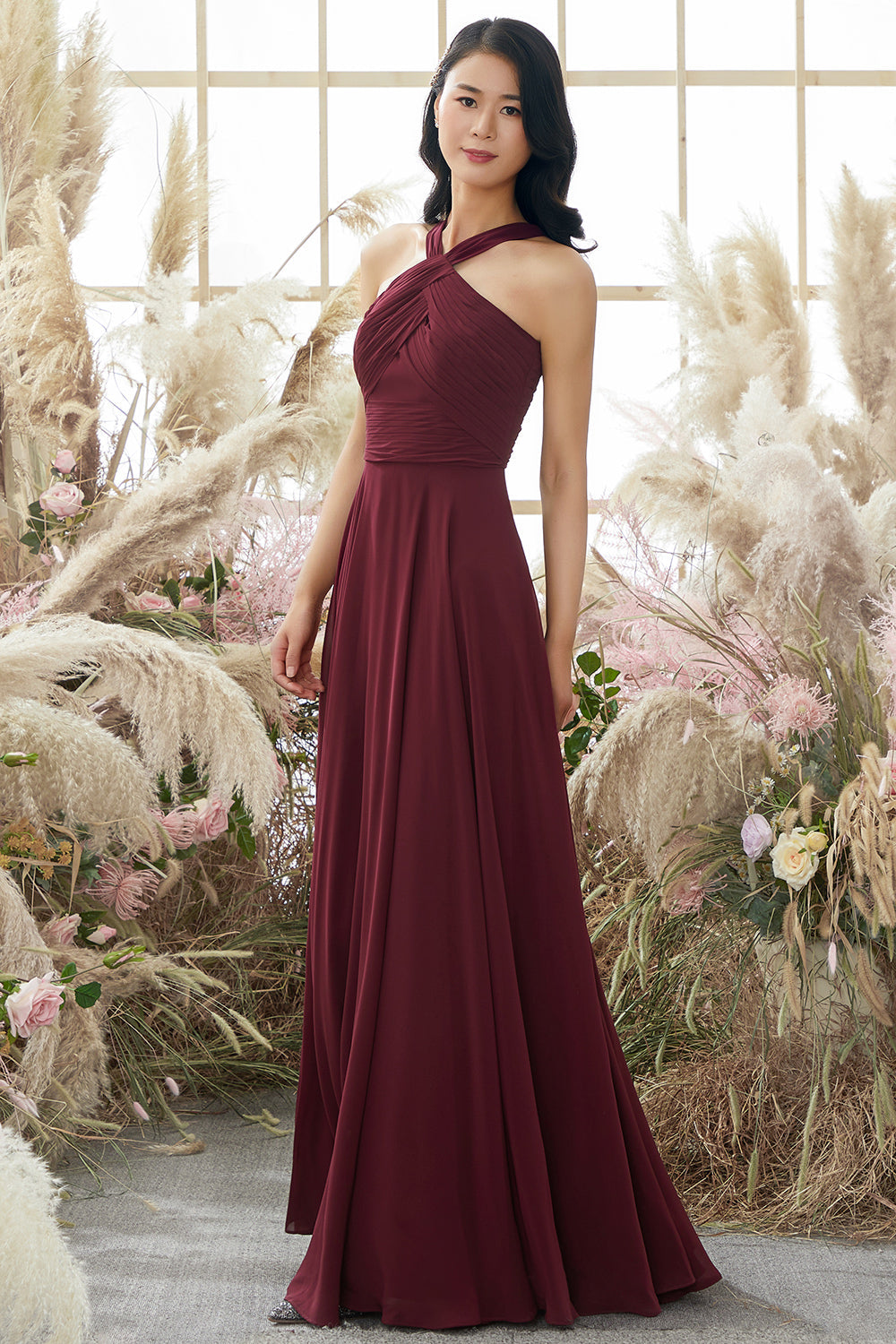 Burgundy Halter Chiffon Bridesmaid Dress Long Formal Evening Dresses