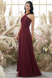 Burgundy Halter Chiffon Bridesmaid Dress Long Formal Evening Dresses