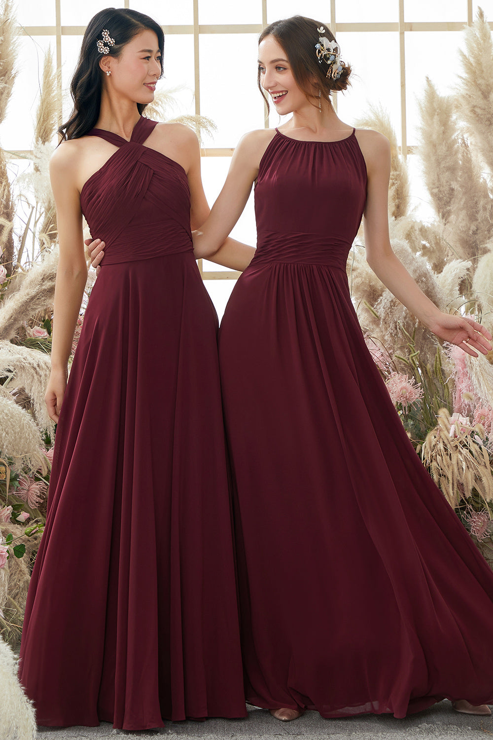 Burgundy Halter Chiffon Bridesmaid Dress Long Formal Evening Dresses