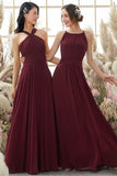 Burgundy Halter Chiffon Bridesmaid Dress Long Formal Evening Dresses
