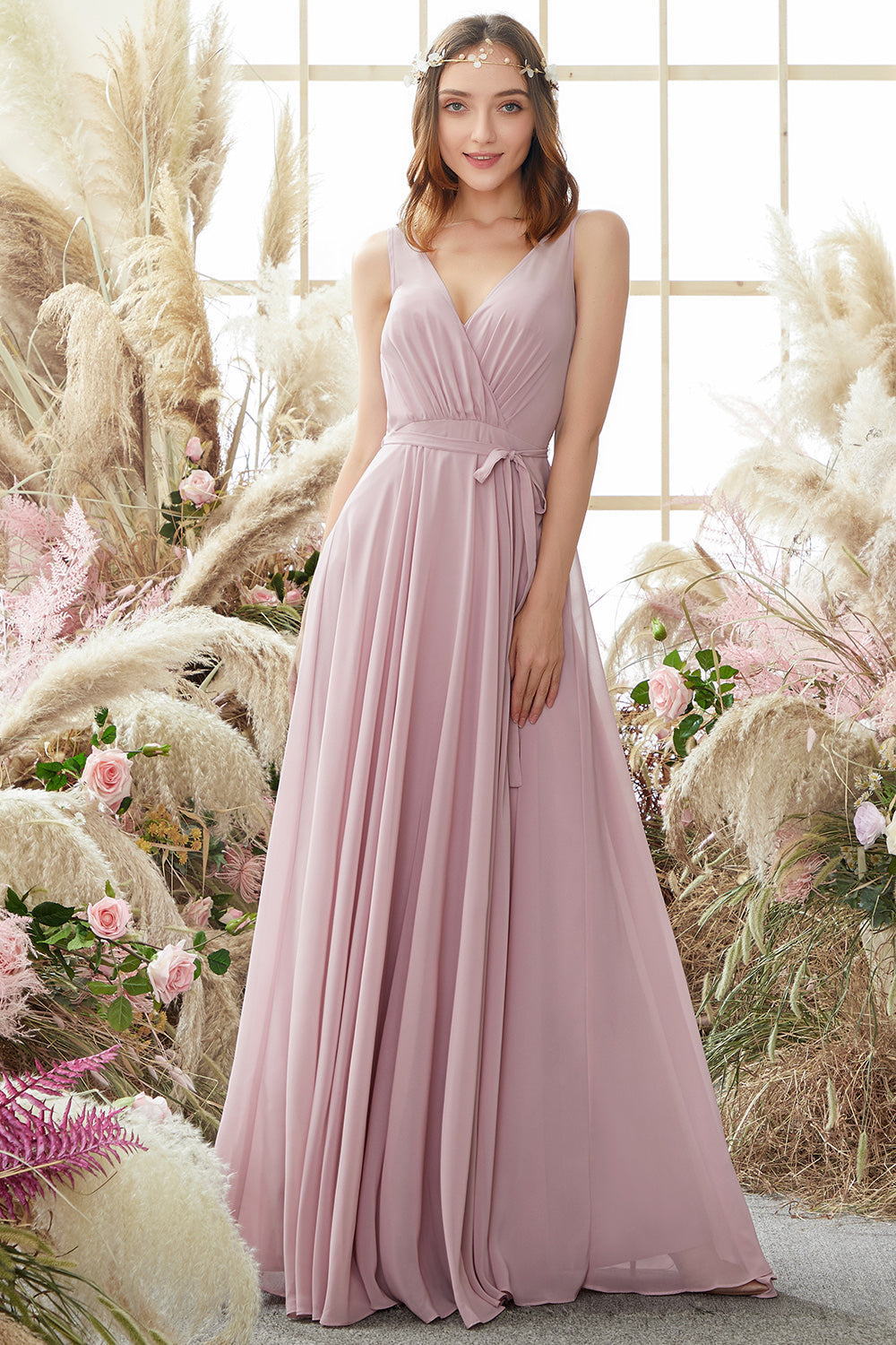 Blush V Neck Long Chiffon Bridesmaid Dress Formal Evening Dresses Prom Party Gowns