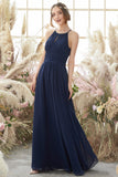 Navy Halter Chiffon Bridesmaid Dress Long Formal Evening Prom Dresses