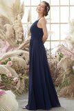 Navy Halter Chiffon Bridesmaid Dress Long Formal Evening Prom Dresses