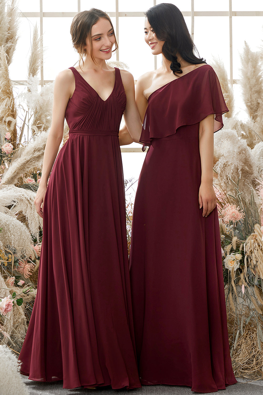 One Shoulder Burgundy Chiffon Bridesmaid Dress Formal Evening Prom Dresses